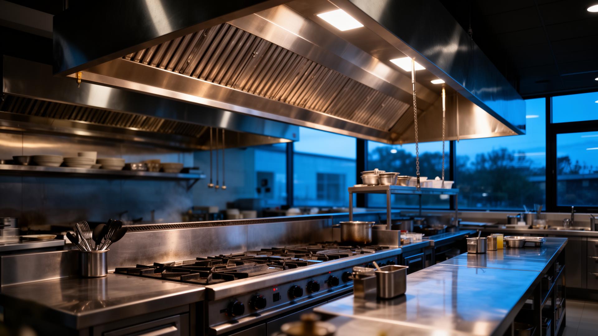 Commercial kitchen with stainless steel exhaust hood system
